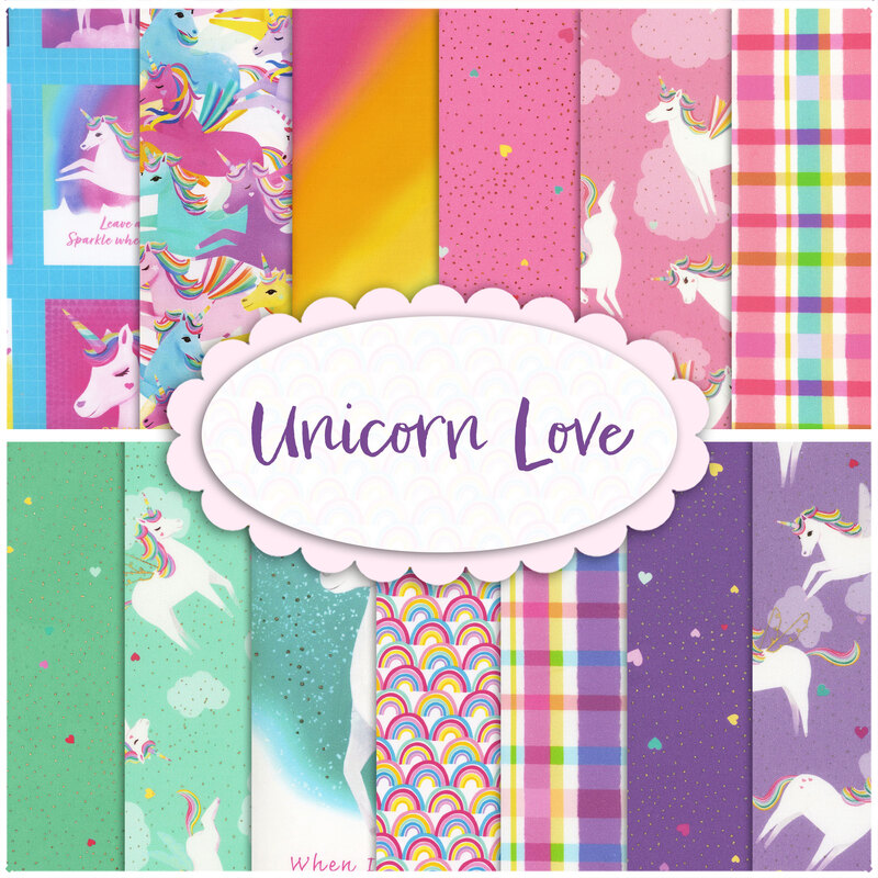 collage of all fabrics included in Unicorn Love FQ Set