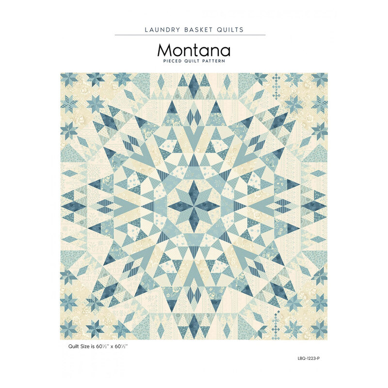 Scan of the front of the Montana - Bluebird pattern booklet showcasing the finished quilt