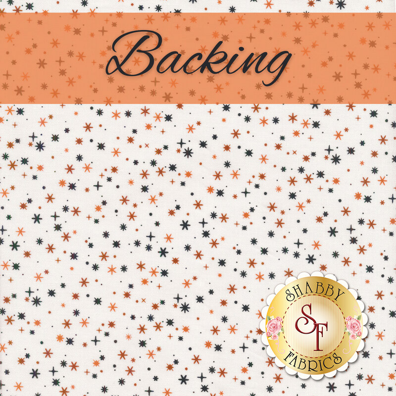 White fabric with orange and black stars with varying points scattered all over with an orange banner at the top that reads 