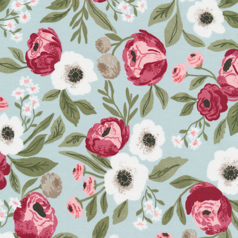 An aqua fabric with green leaves and cream and red roses all over