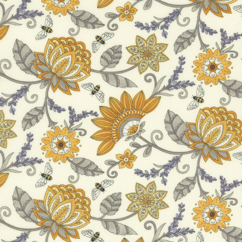 White fabric with ornate yellow and grey florals and vines