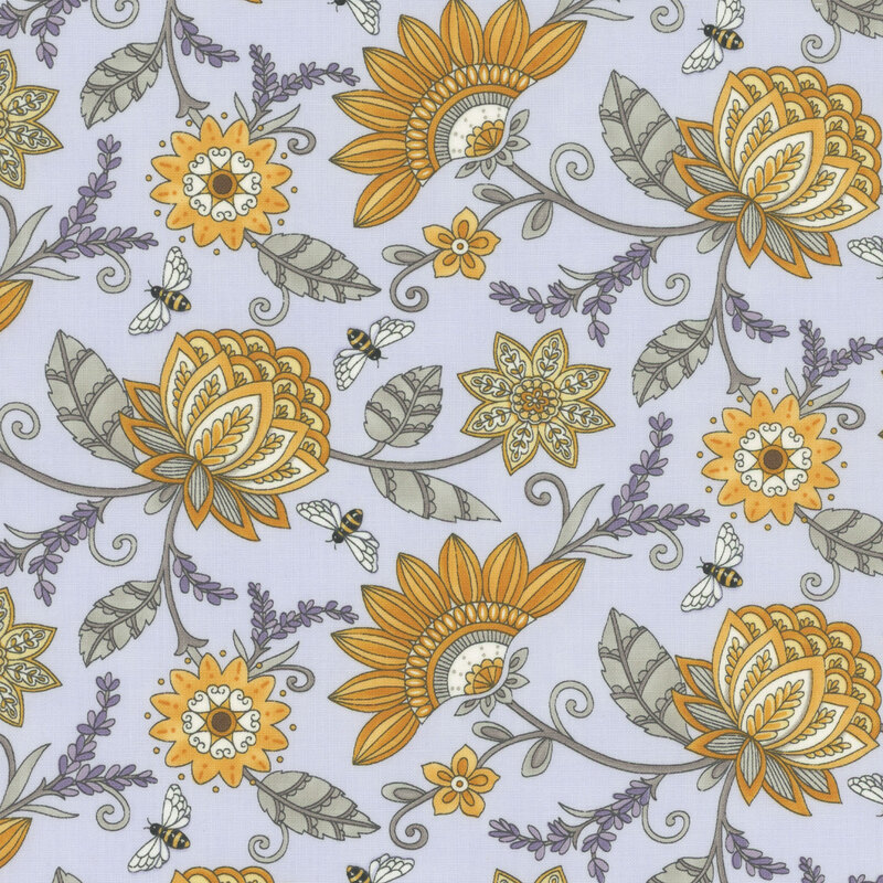 fabric with an array of ornate yellow florals and light gray vines on a light purple background