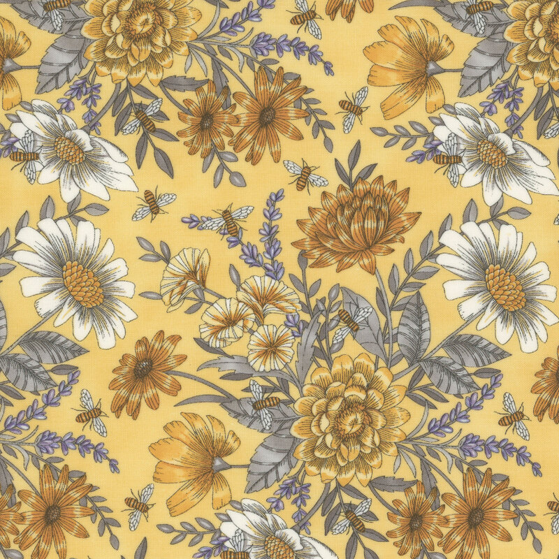 Yellow fabric with tossed, ornate yellow and grey florals and leaves