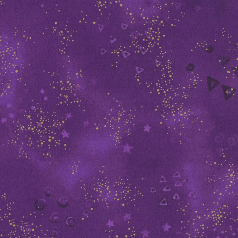 Purple mottled fabric with clustered gold metallic flecks and pale triangles, stars, and spirals