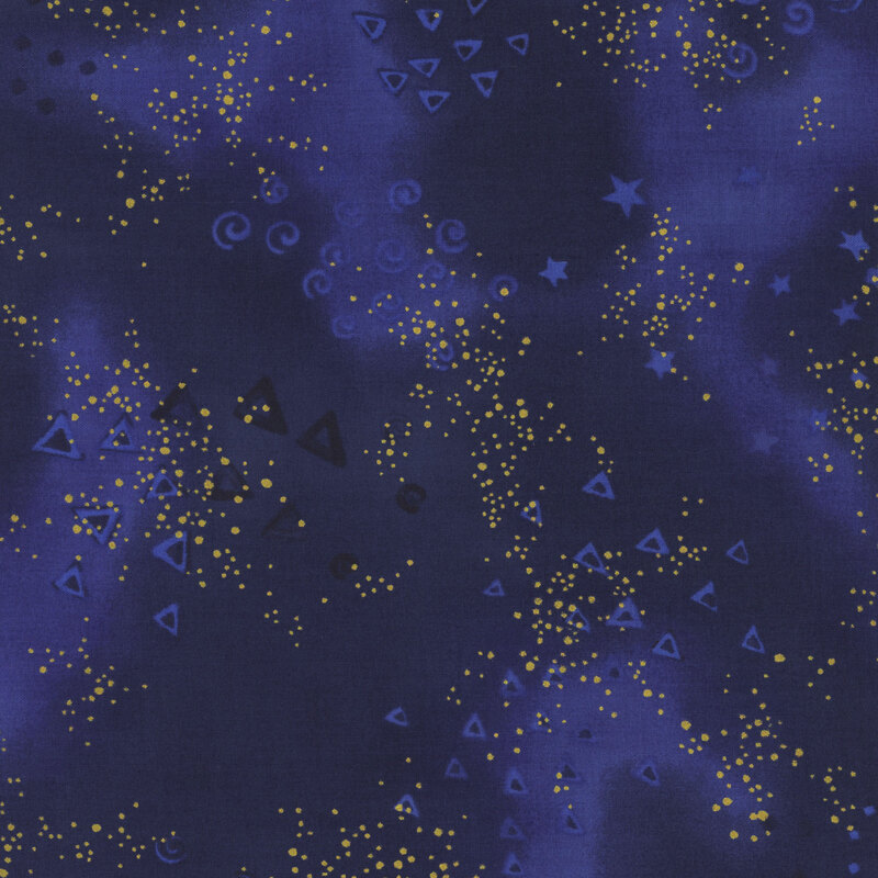 Blue mottled fabric with clustered gold metallic flecks and pale triangles, stars, and spirals