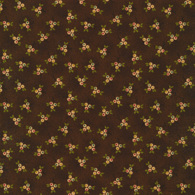 warm brown fabric with tossed floral bouquets