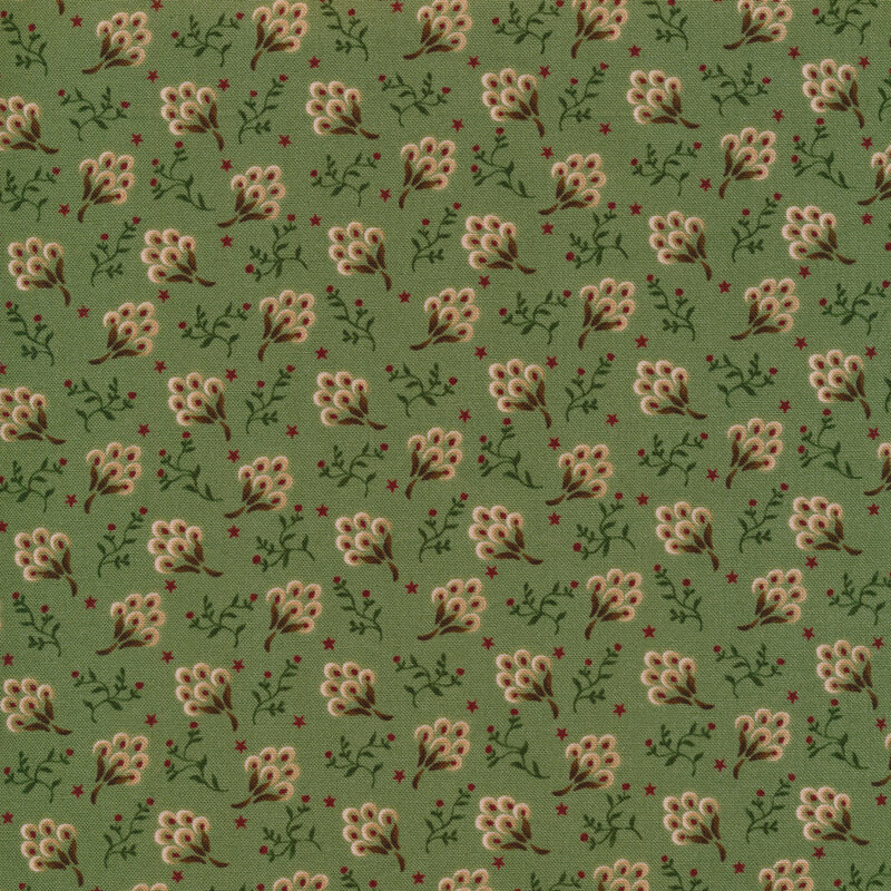 Floral textile pattern with small brown flowers and green leaves on a green background.