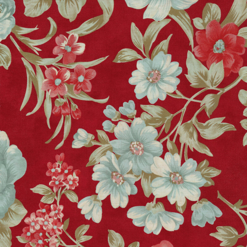 Scan of red fabric with large, vintage filigree style red and aqua-blue flowers and green leaves