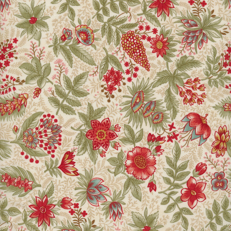 Scan of cream fabric with tossed vintage stylized red and blue flowers with green leaves and tonal accents