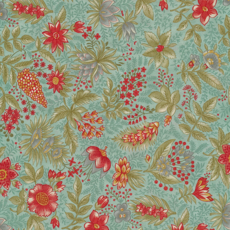 Scan of light blue fabric with tossed vintage stylized red and blue-gray flowers with green leaves and tonal accents