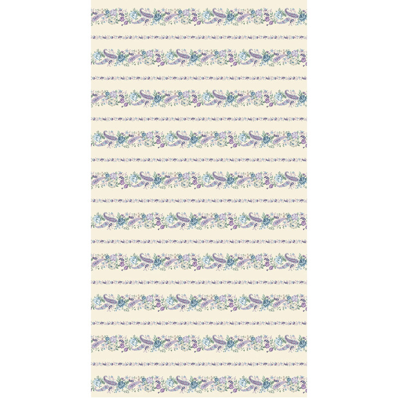 flannel border stripe fabric featuring both wide and thin stripes of purple, blue, and cream florals and paisley motifs on a solid cream background