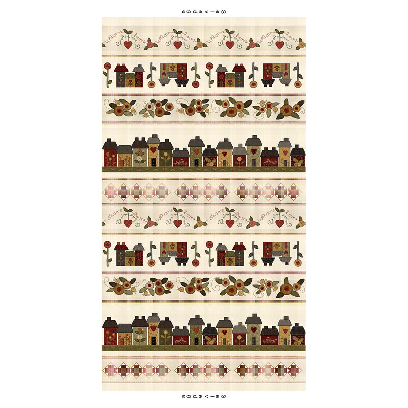 border stripe fabric that features a cream background with charming stripes of multicolor houses, flowers, diamonds, and hearts, all with the appearance of applique