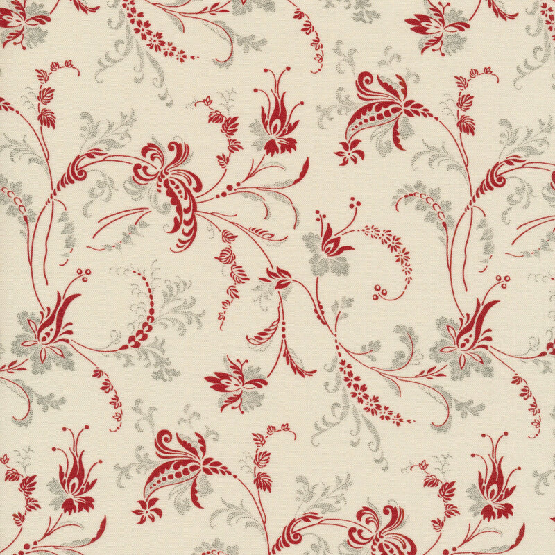 Scan of cream fabric with red and light gray filigree patterns all over