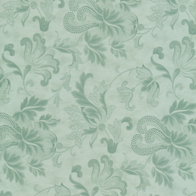 Scan of light blue fabric with large, floral tonal filigree patterns all over