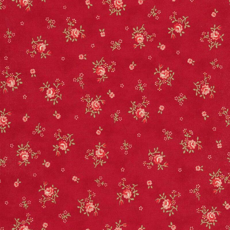 Scan of red fabric with tossed vintage style pink flower clusters with green leaves and individual tiny pink flowers in between