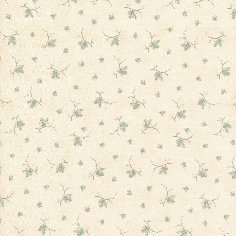 Scan of cream fabric with tossed light teal butterfly and insect motifs