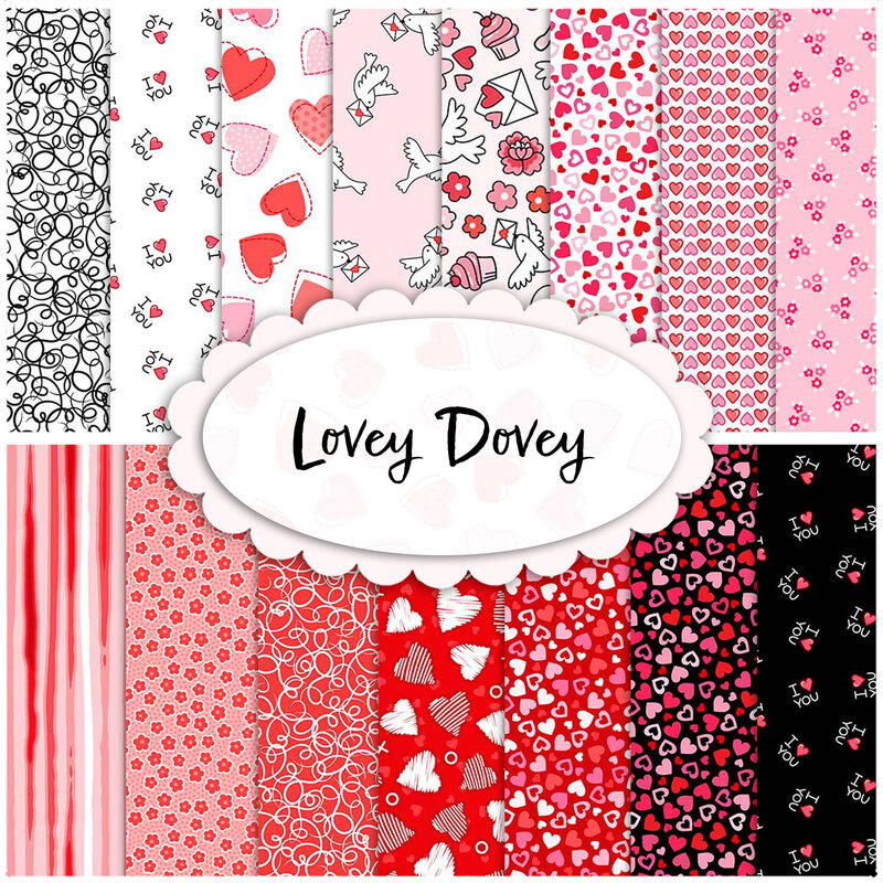 collage of all fabrics included in Lovey Dovey collection