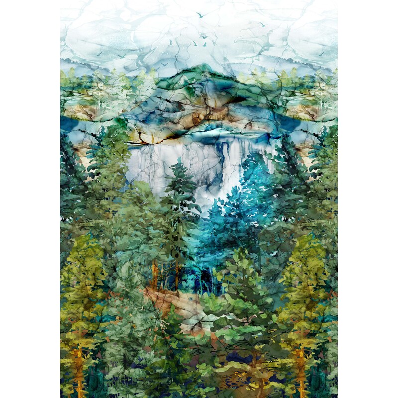 This fabric features running yardage of a nature scene with trees, greenery and cliff sides in watercolor style.