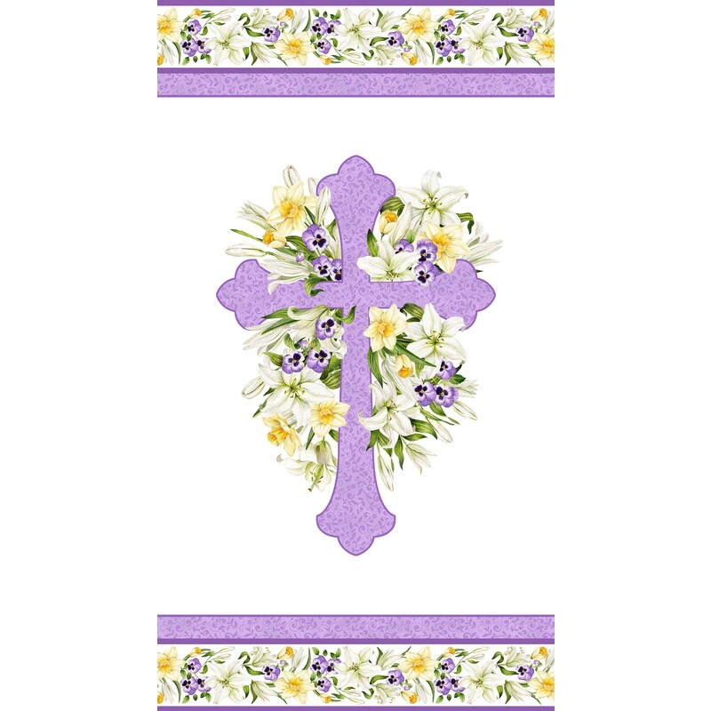 This panel features a purple cross with lilies and pansies framed with floral borders on a white background.