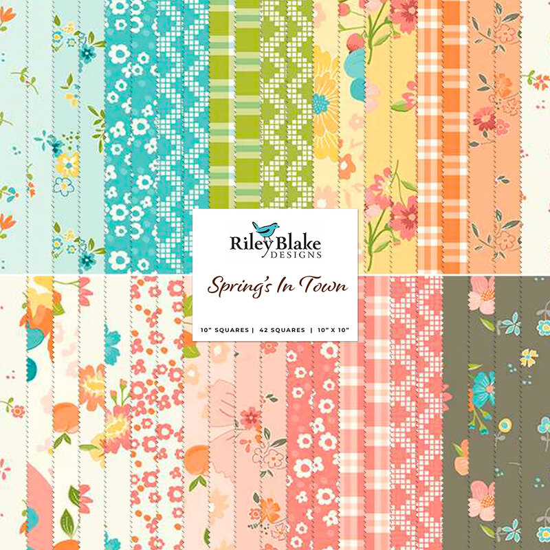 Graphic of all pastel spring fabrics included in the Spring's In Town fabric collection