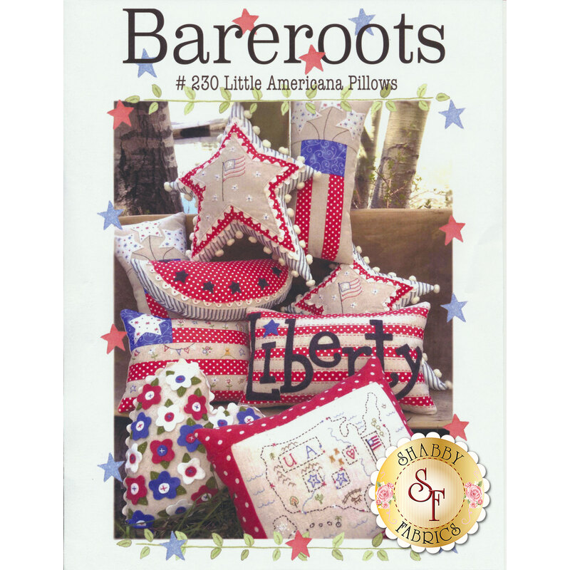 The front of the Little Americana Pillows pattern by Bareroots showing finished patriotic pillows