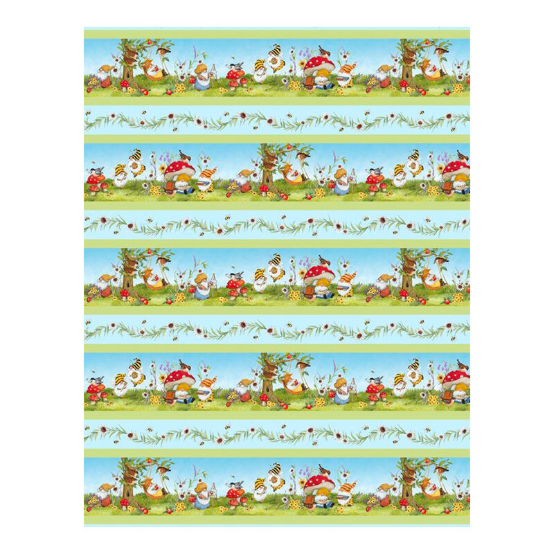 This fabric features relaxing gnomes in nature with green stripes and vining flowers.