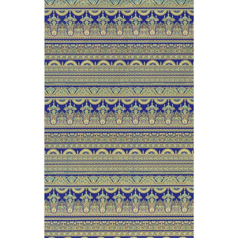 border stripe fabric featuring aqua blue and purple scrolls and geometric designs in border stripe pattern on a indigo purple background.