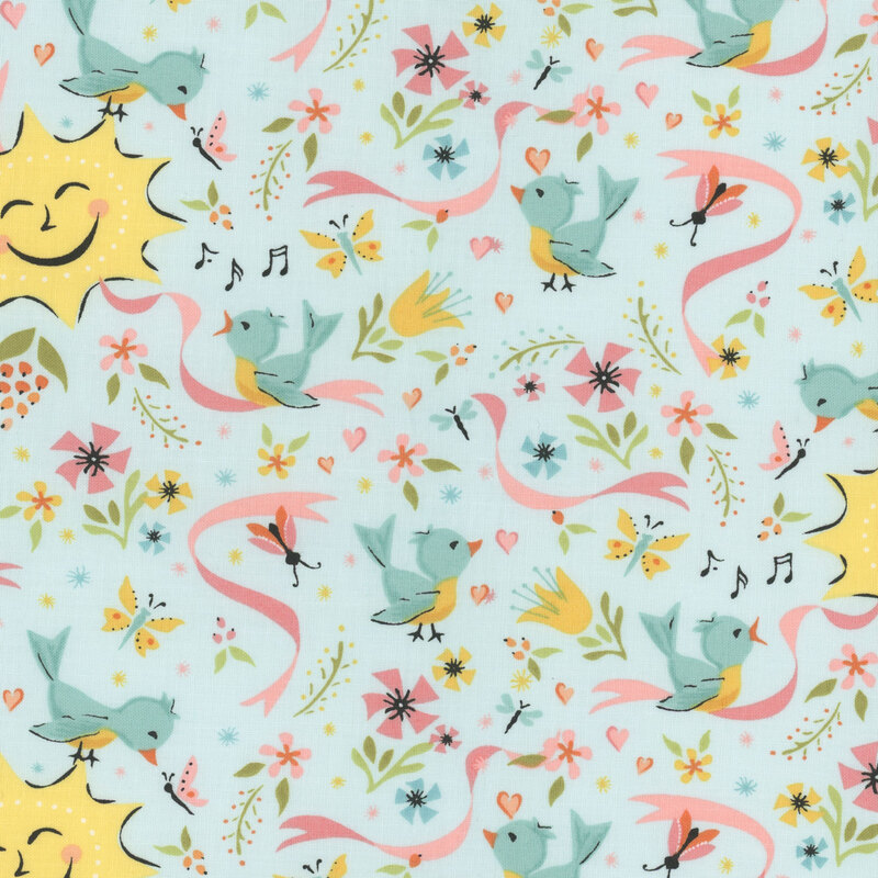 fabric featuring bluebirds, butterflies and light pink ribbons with a smiling yellow sun on a light baby blue background.