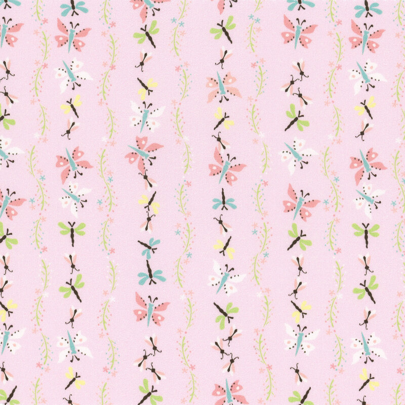 light pink fabric with stripes made of leaves, butterflies, dragonflies, and ants