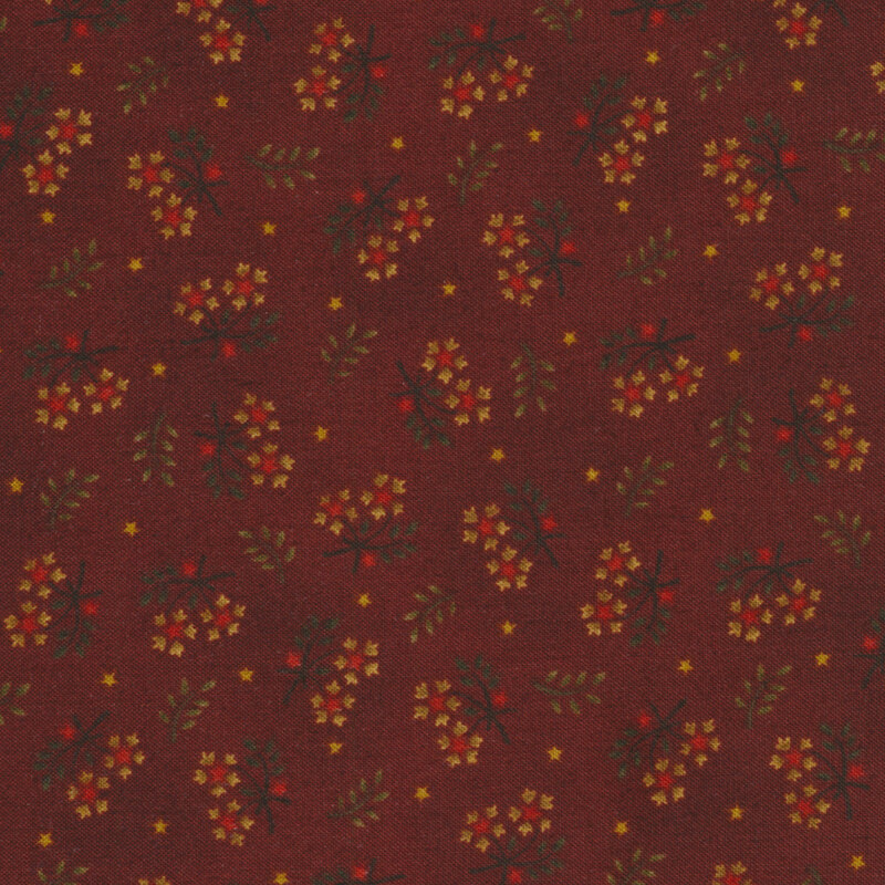 Dark red fabric with tossed floral bunches all over