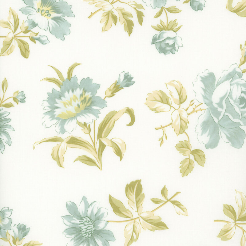 stunning off white fabric featuring scattered pale blue-grey flowers