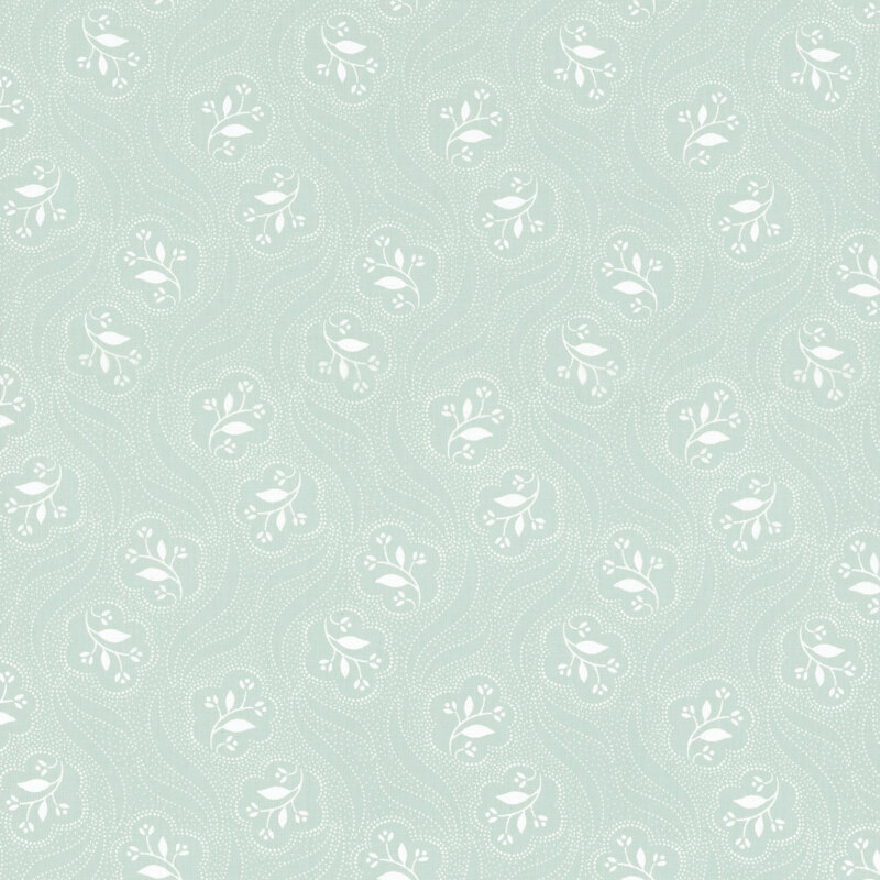 pastel blue fabric featuring a white dot texture flowing around scattered white flowers