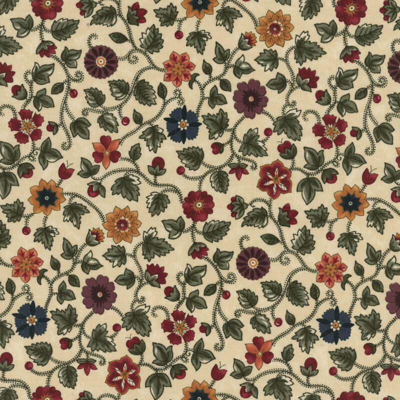 light beige fabric featuring twirling vines with deep yellow, purple, red, and orange flowers.