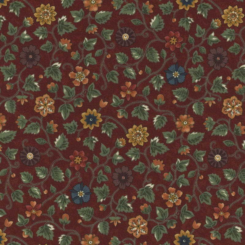 burgundy fabric featuring twirling vines with deep yellow, purple, red, and orange flowers.