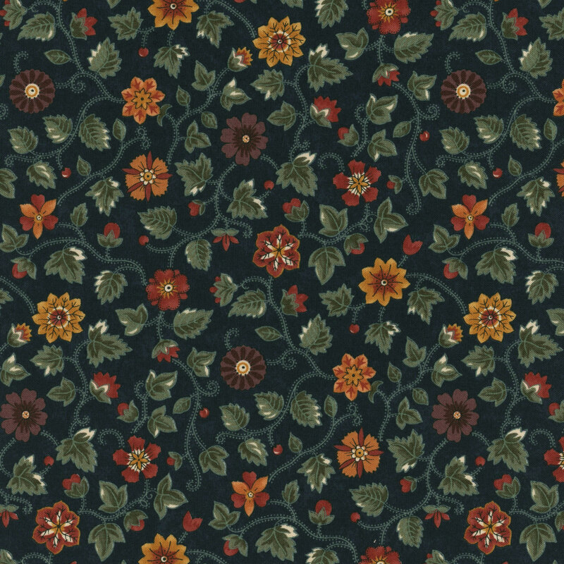 dark navy blue fabric featuring twirling vines with deep yellow, purple, red, and orange flowers