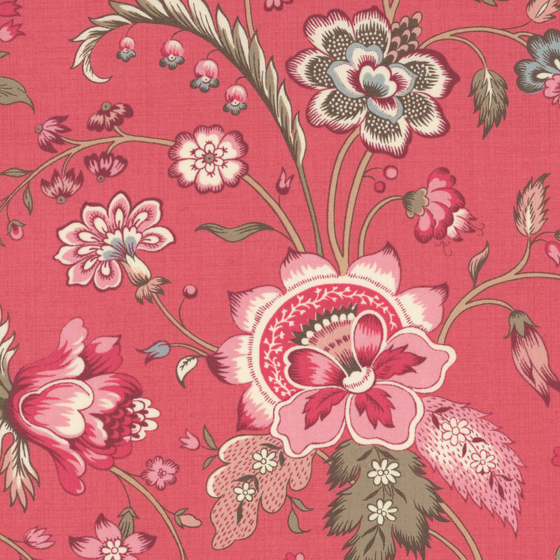 Fabric featuring pink and blue flowers on scrolling vines across a textured woven faded red background
