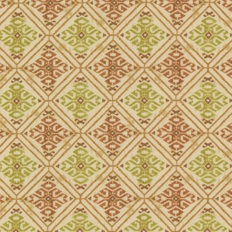 Geometric pattern featuring alternating diamond shapes in earthy tones of green, brown, and beige. geometric damask-like pattern