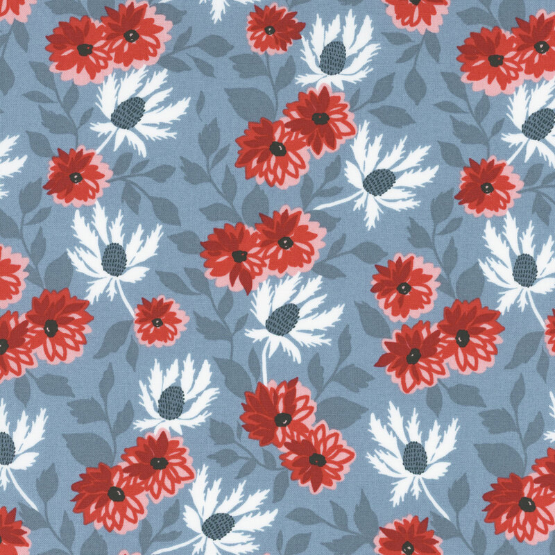fabric featuring lovely red and white flowers with dark blue leaves on a solid sky blue background.