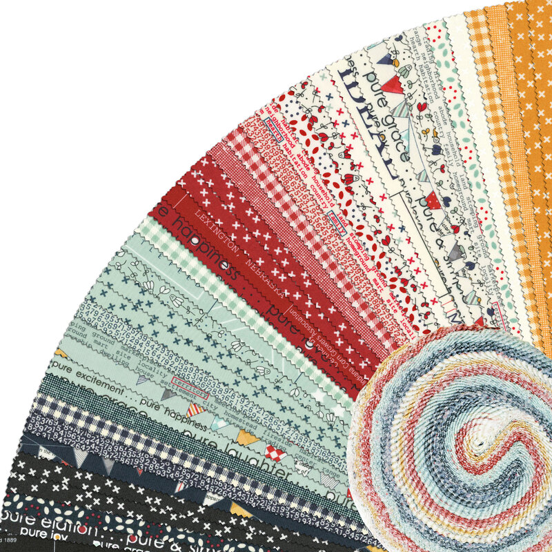 A fanned collage of yellow, cream, red, light blue, and black fabrics in the Vintage Jelly Roll by Moda