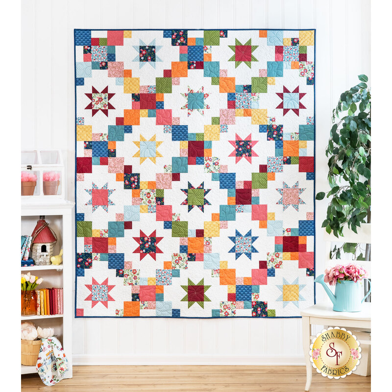 A colorful quilt is hanging on a wall, featuring a star and square pattern with various shades of red, blue, green, yellow, and white. In the background, there are shelves with decorative items and potted flowers.