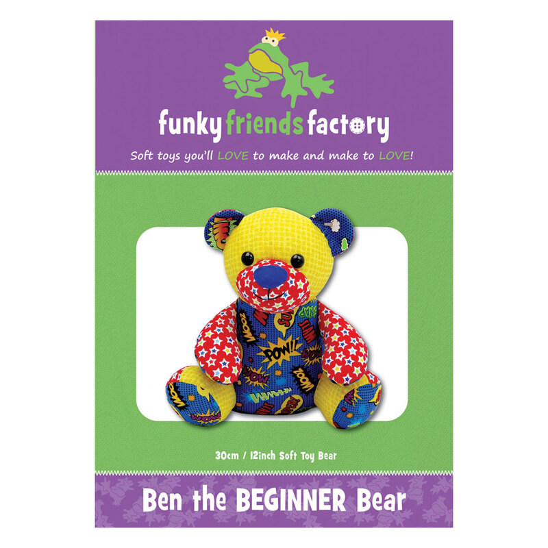 Ben the Beginner Bear Pattern Front purple and green background with example teddy bear