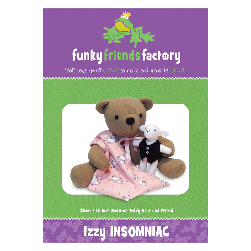 Izzy Insomniac Bear Pattern Front purple and green background with example of teddy bear with blanket and toy sheep