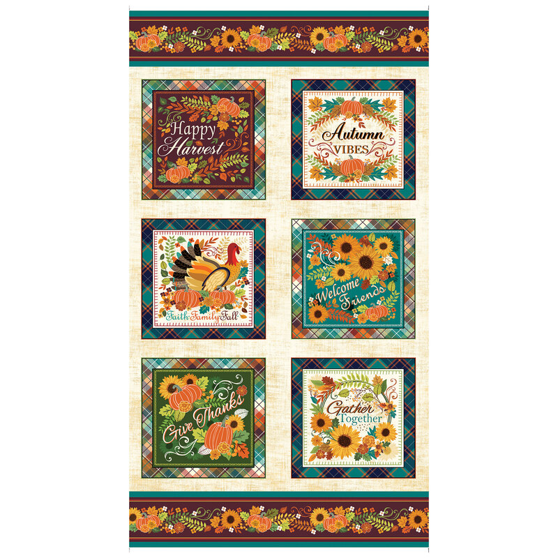 digital image of autumn inspired panel featuring top and bottom borders with flowers, leaves, and pumpkins, with 6 different tiles in the main body that feature fall phrases and imagery