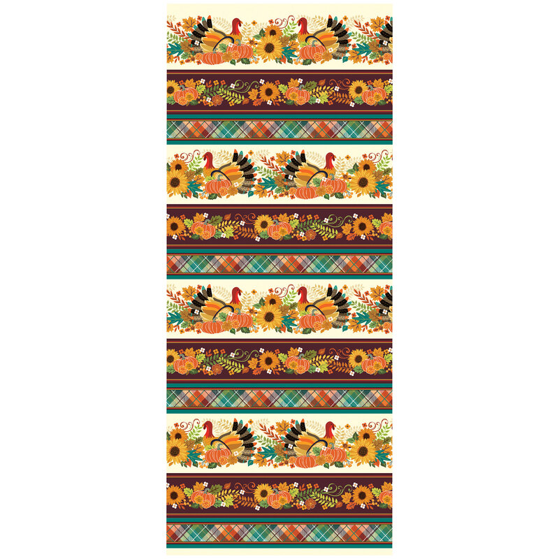 digital image of border stripe fabric featuring multiple rows of turkeys nestled amidst pumpkins, sunflowers, and various foliage, above a deep maroon stripe of a similar array of foliage and a teal plaid section below