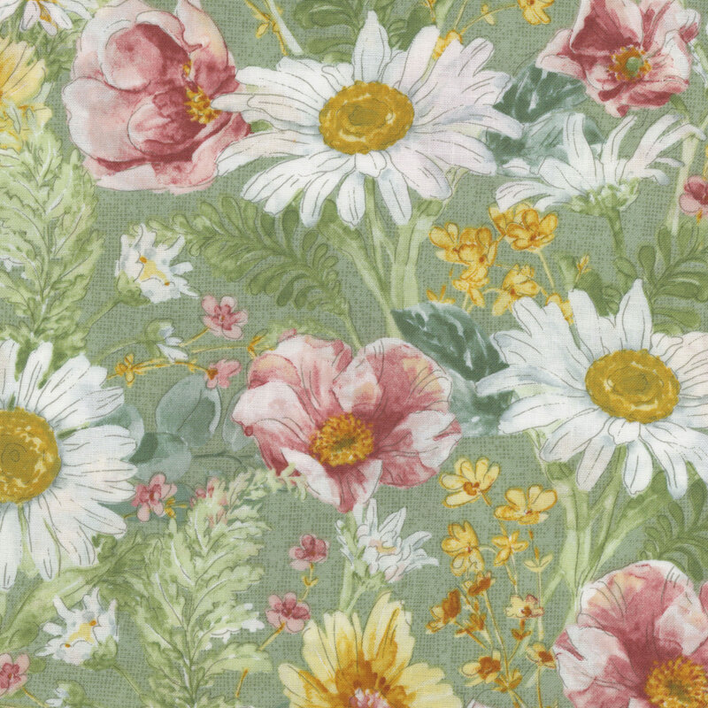 wonderful sage green fabric featuring a large pastel floral print in shades of pink, yellow, green, and white