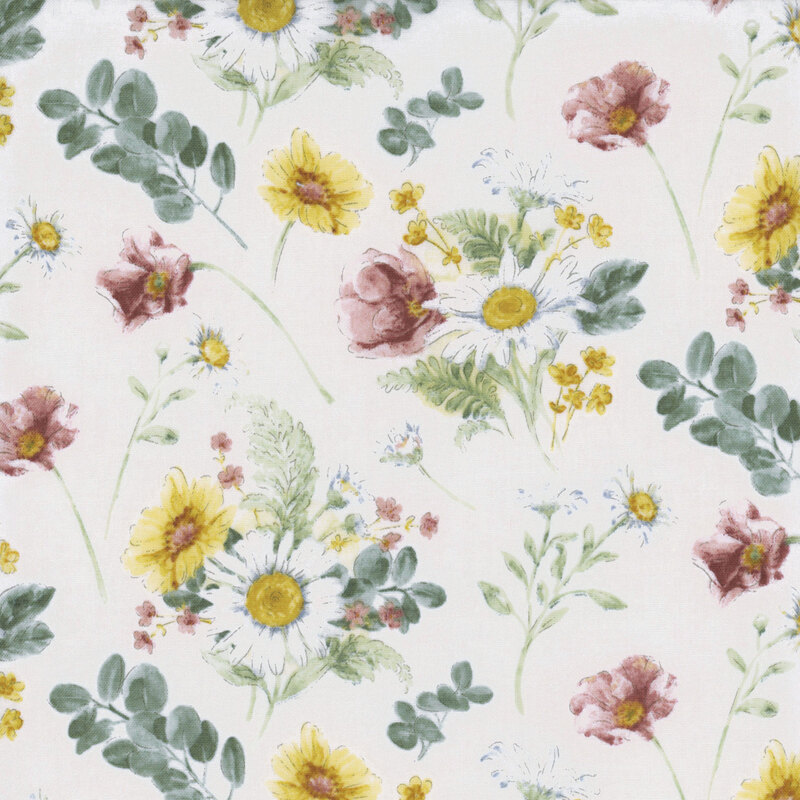 cream fabric featuring scattered pink, yellow, and white flowers, including leaves and ferns throughout