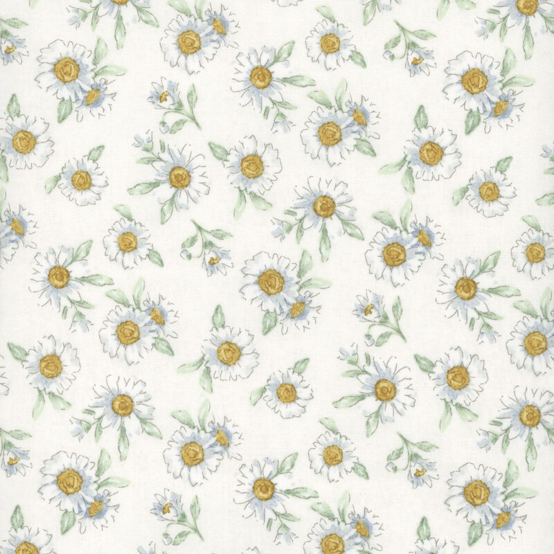 adorable cream fabric featuring tossed white daisies