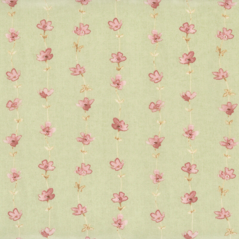 textured sage fabric featuring stripes of pink flowers