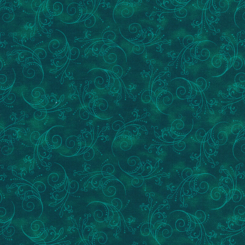 gorgeous dark teal fabric featuring tonal mottling and scattered pastel scrolls