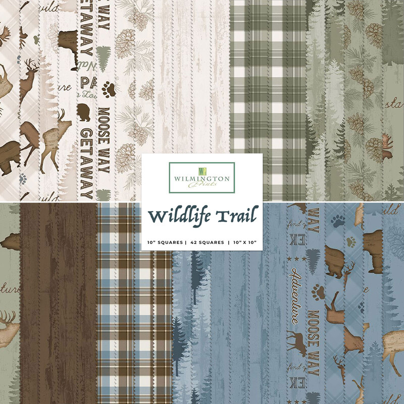 graphic of all the fabrics in the wildlife trail 10 karat crystal pack in green, blue, cream, and brown